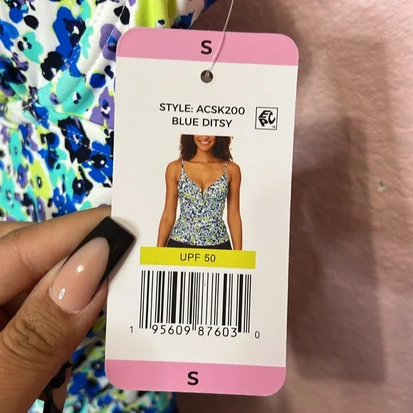 Anne Cole Ladies Tankini Swim Top Blue Ditsy w/ Purple. Size S - Picture 6 of 11